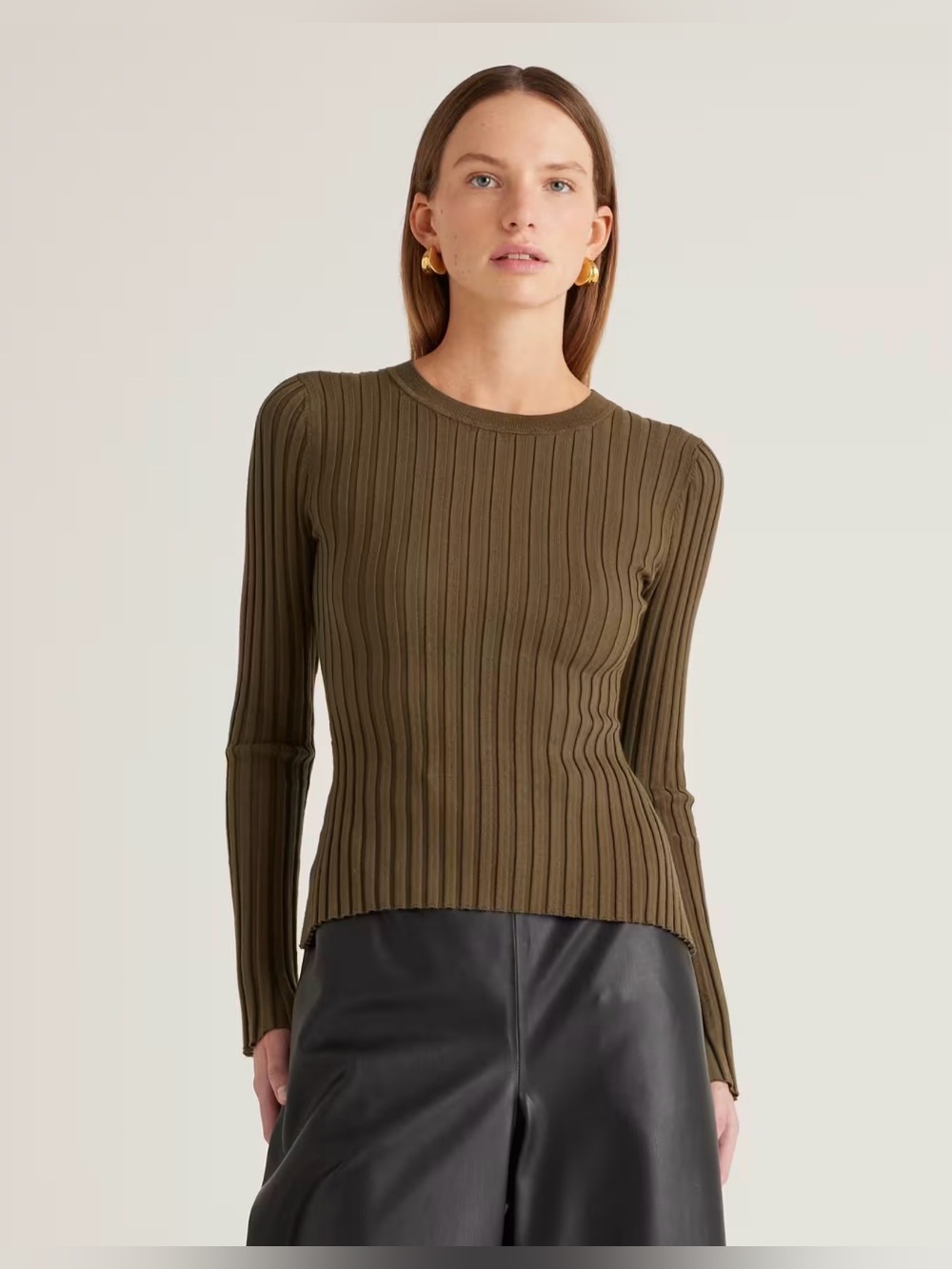 Quince Cotton Cashmere Ribbed Long Sleeve Sweater, Size M